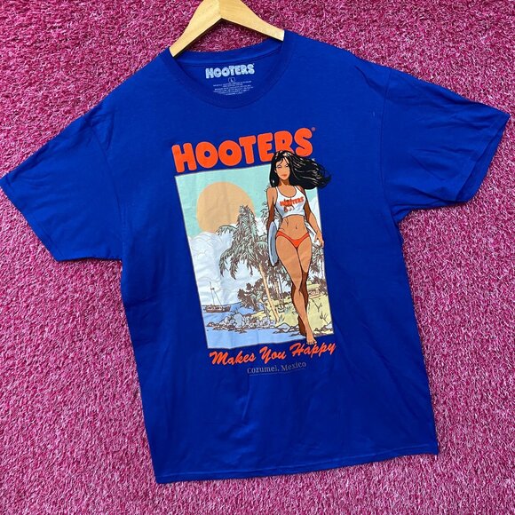 Hooters Makes You Happy Cozumel Mexico Beach Babe Sports Bar Promo T-Shirt Large - Picture 3 of 4